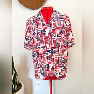 Blue, Red and White patterned Blouse - Size M/L